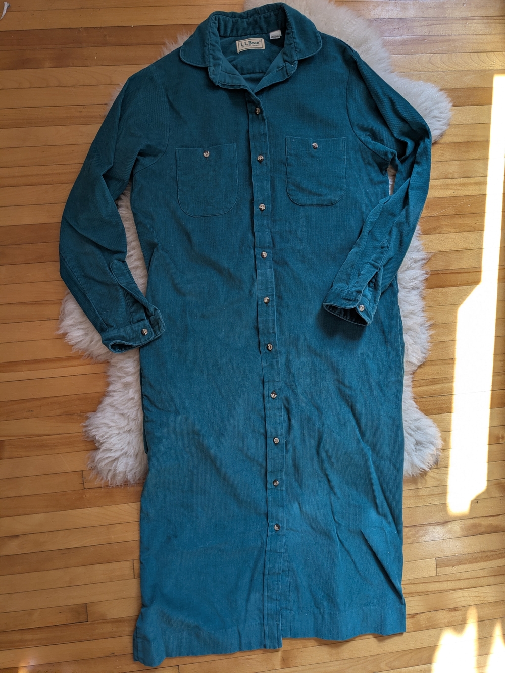 Vintage L.L. Bean Teal Corduroy Button-Down Shirtdress